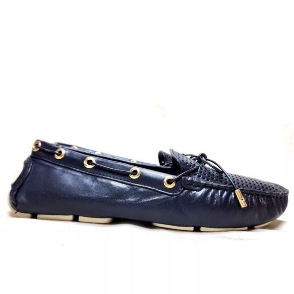 TORY BURCH Perforated Leather Driving Mocs Sz 8 Navy Blue Driver Boat Loafers - Picture 4 of 13